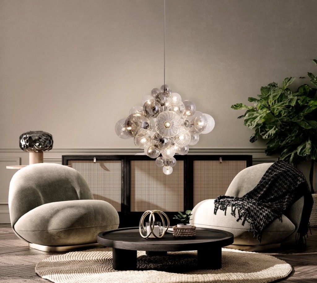 Pendelleuchte "SPHERE" Ø 75cm, au s Metall und Glas mit verschiedenen Strukturen, Beleuchtung für Wohnzimmer, Esszimmer oder Büro.