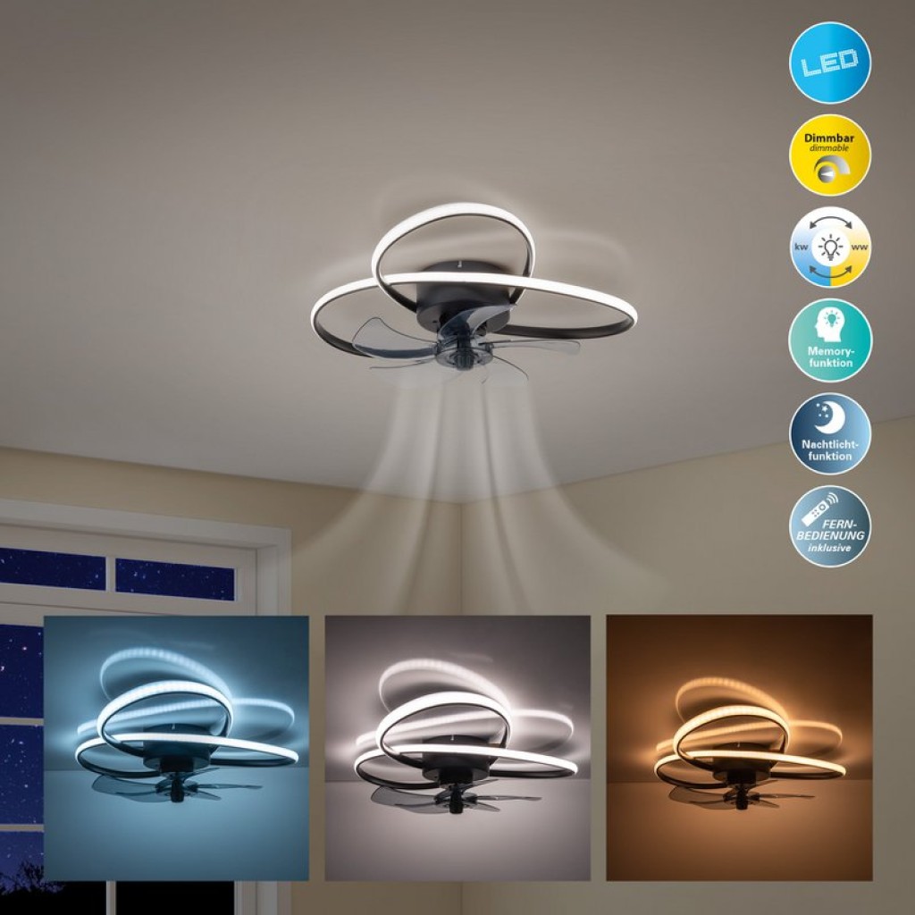 Die moderne LED Deckenleuchte "LECCIO" inklusive Ventilator, Nachtlichtfunktion, Dimmung und Lichttemperatureinstellung ist mit fest verbauten LEDs bestückt und hat einen ungefähren Øvon 58 cm.