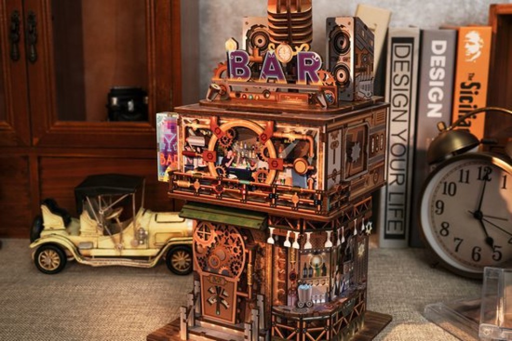 Tone-Cheer DIY 3D Houten Puzzel Desk Bin, Punk Bar, TQ183,15x14x25cm