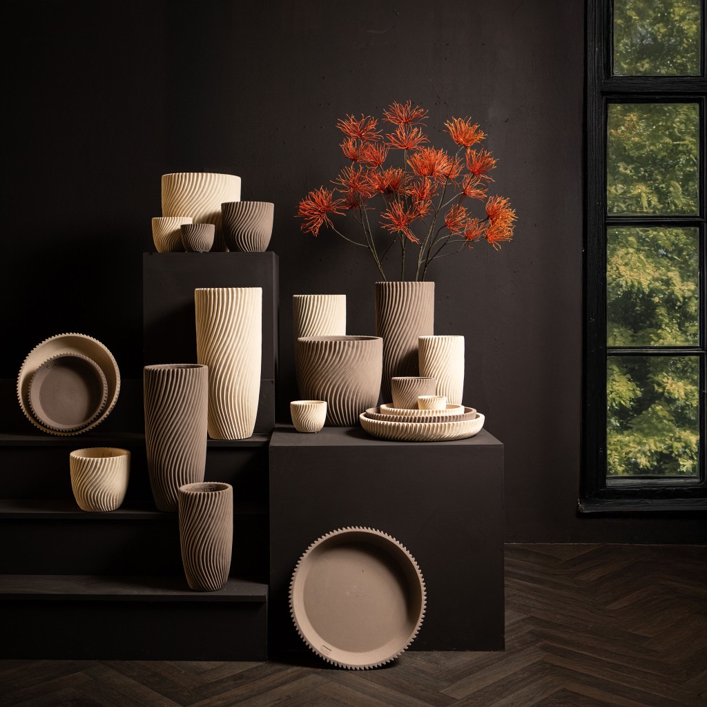 Lianna Beige Cement Round Bowl With Line Pattern M