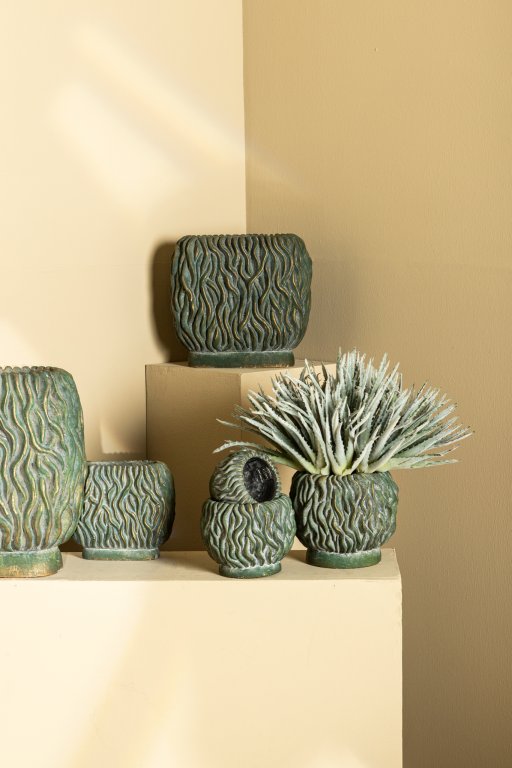 Brendan Green Cement Oval Pot Carved Gold Finish S
