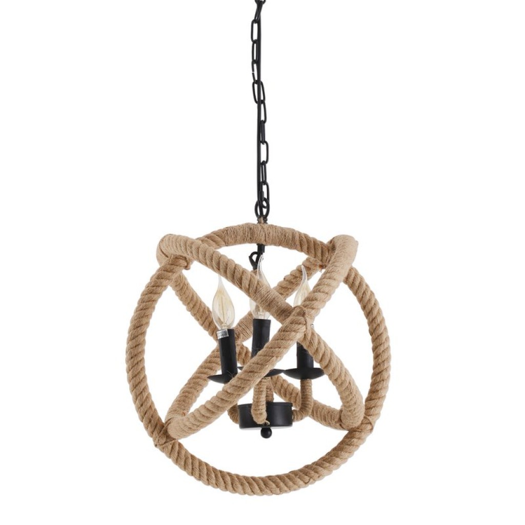 Pendant lamp "Regia", black metal, hemp rope, E27 socket, lighting for living room, dining room or office, 43 cm diameter
