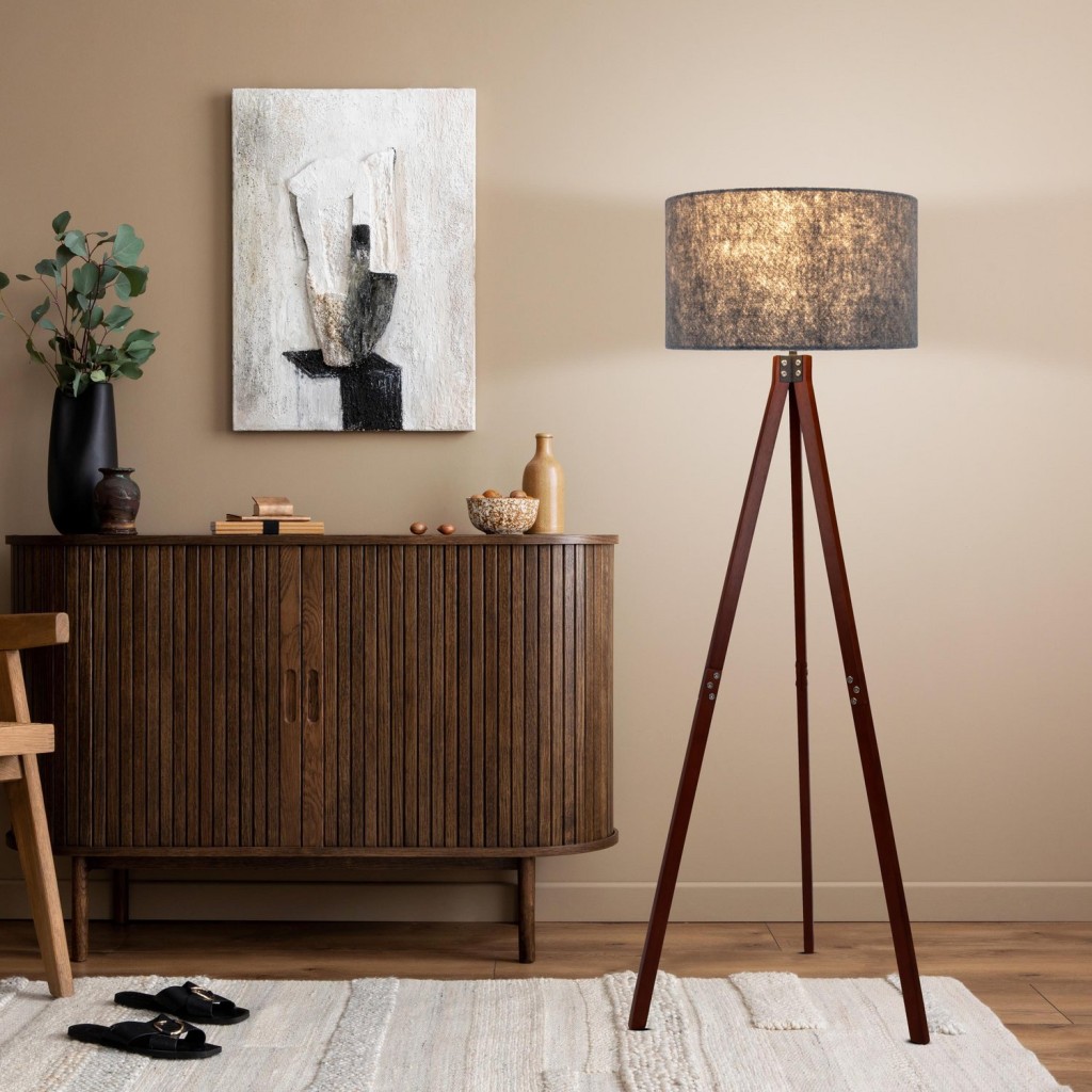 Staande lamp "Filco" Ø Ca. 45 cm, 147 cm hoog, gemaakt van hout en plastic in bruin en grijs, voor E27, voor woonkamer, slaapkamer en eetkamer