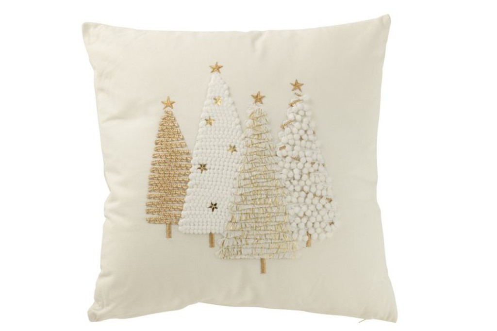 J-Line Cushion Christmas Trees Motif Cotton White/Gold