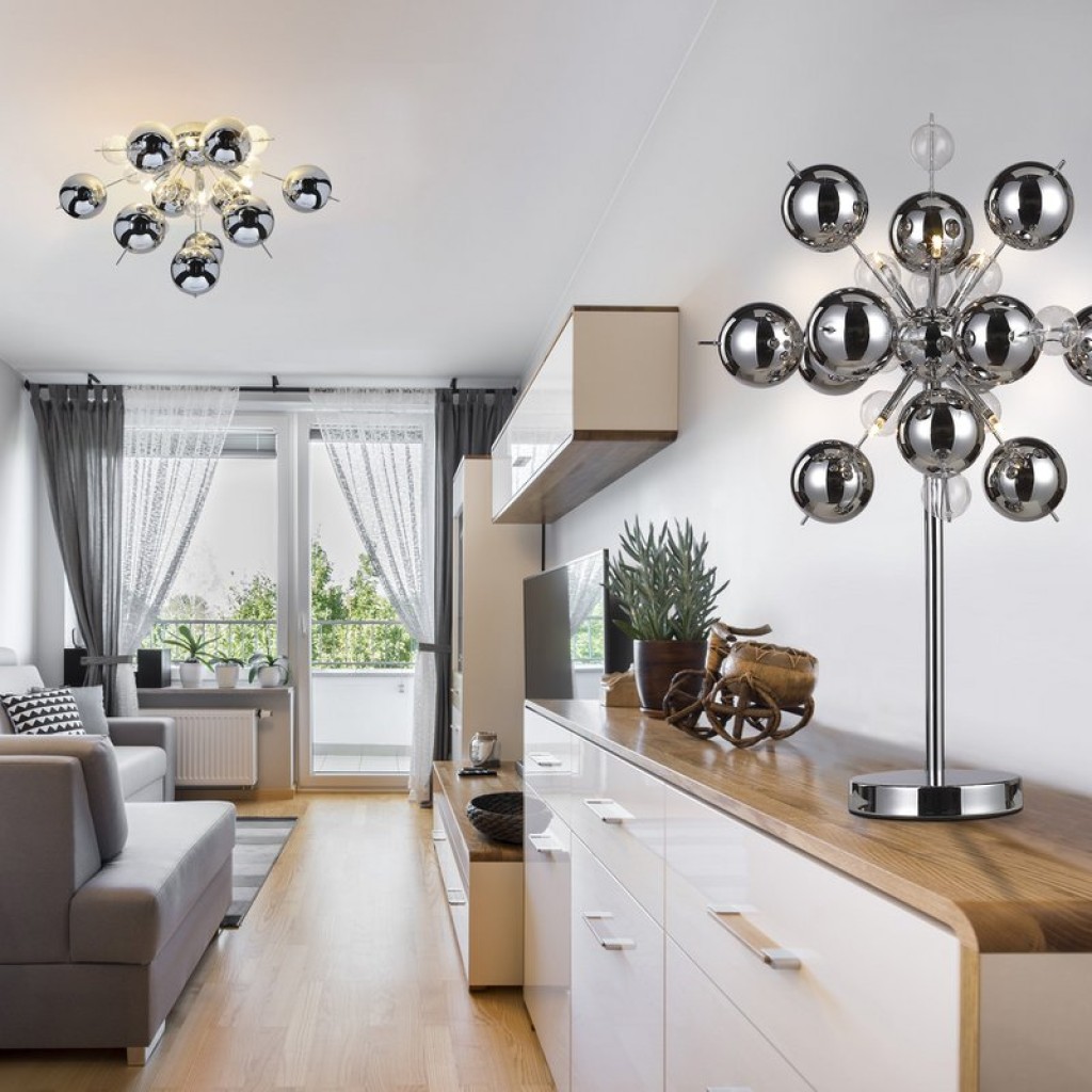 Ceiling lamp "explosion" chrome made of metal and glass, G9 versions, ceiling lamp for dining room, living room, hallway or office, Ø57 cm