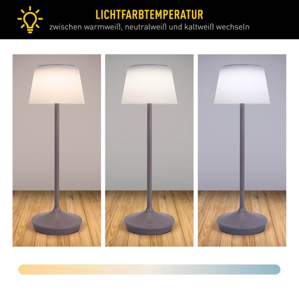 Solar battery lamp "Emmi" 38 cm high, umbrella Ø 13 cm, metal in blackberry and white plastic, for the outdoor area, dimmable CCT.