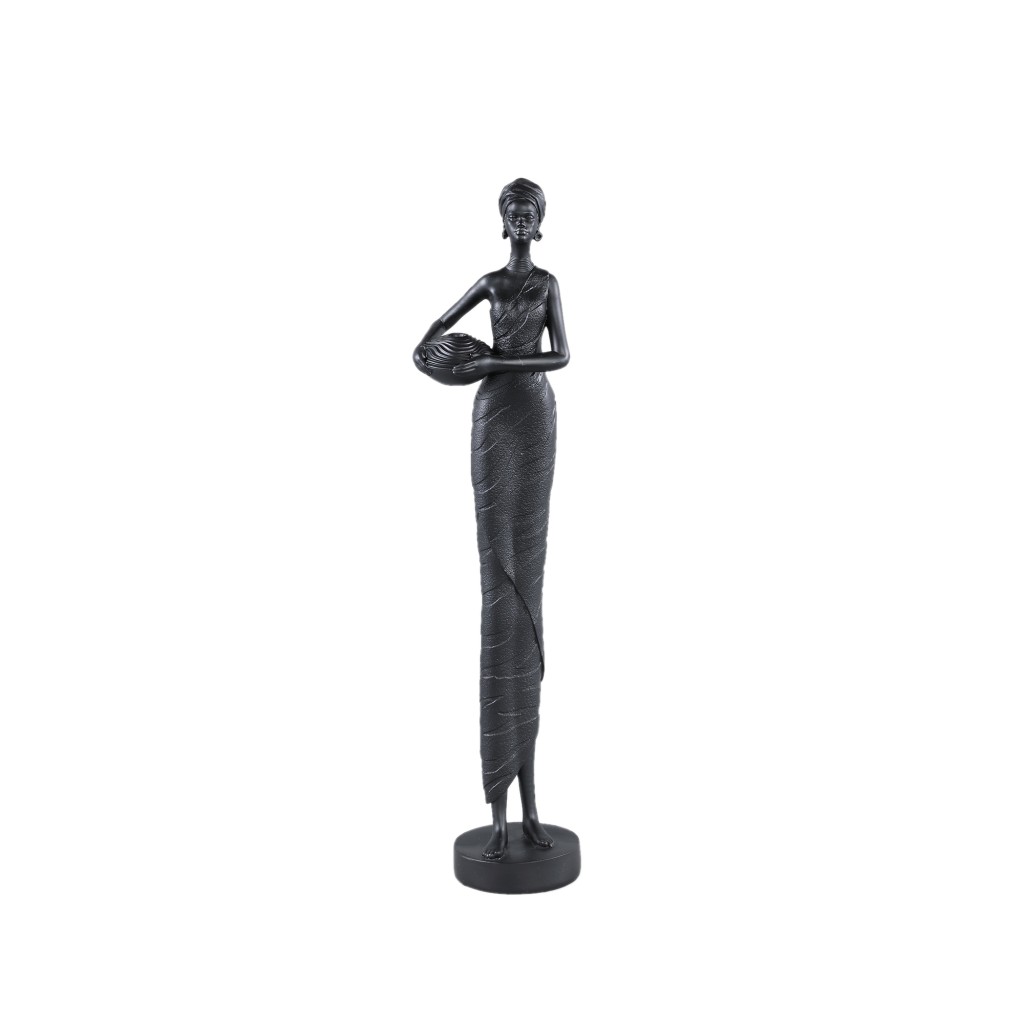 Rafah Black Poly Woman Statue Holding Pot Low