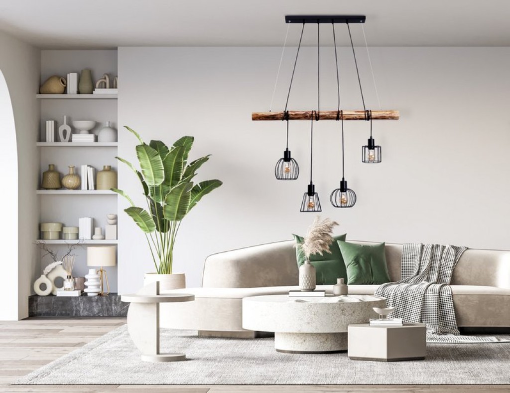 4 pendant lamp "Woodland", hanging lamp, metal and wood in black, and natural E27 socket, for dining room, living room, hallway or office, 100 cm long