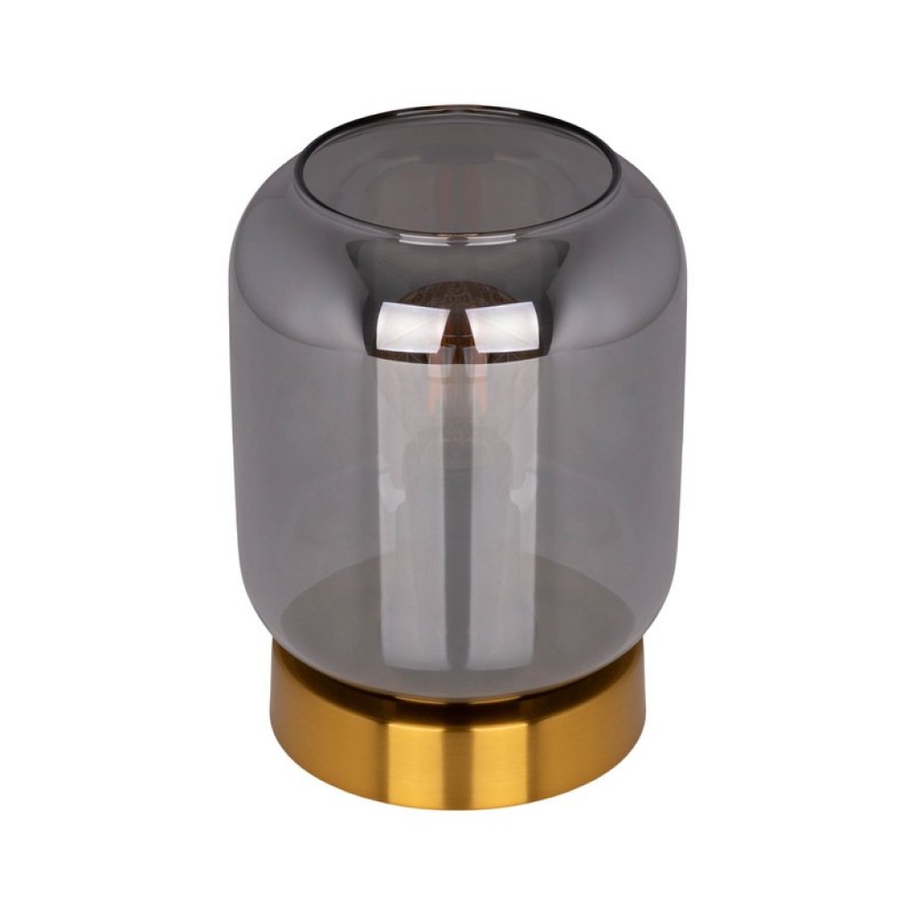 Glass table light "Alessio", 17 cm high, Ø 12 cm, gold-colored metal, smoke glass, E14