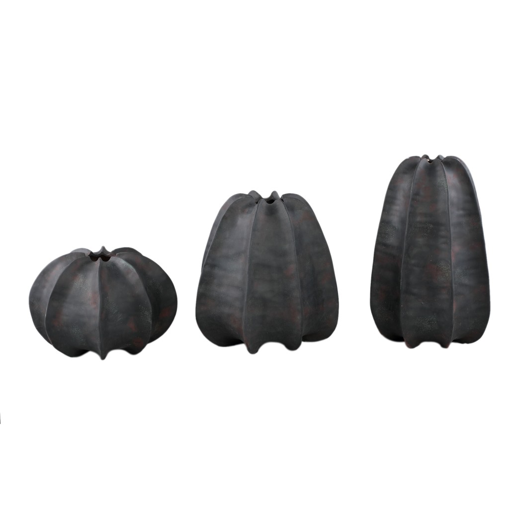 Grayson Black Ceramic Round Ribbed Vase Low
