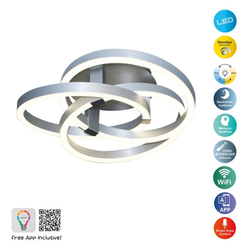Smart Home LED ceiling light "Divora" Ø 58cm, ceiling lamp made of metal, aluminum brushed and white plastic, with many functions, firmly built -in LEDs, lighting for living room, dining room office or hallway