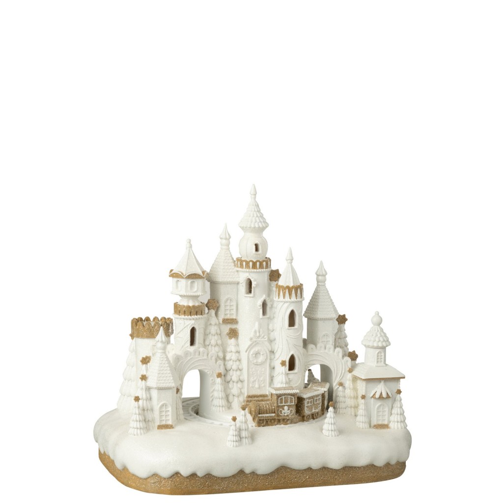J-Line decoratie Peperkoek Kasteel + Trein - polyresin - beige/wit