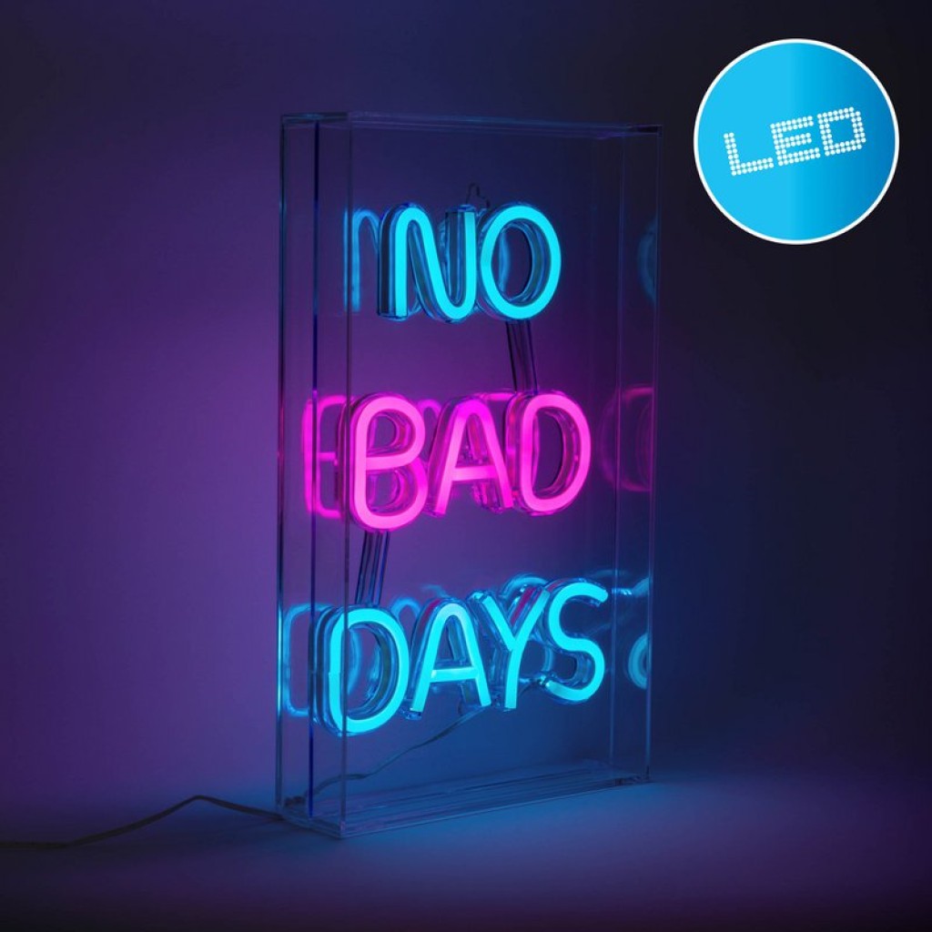 LED font light "No Bad Days" decoration for inside 30 x 18 cm, in blue and magenta-red