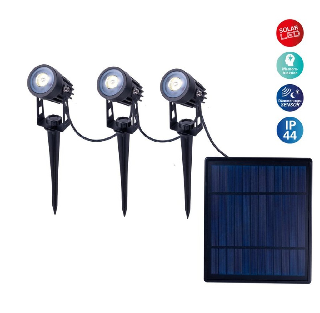 3er LED Solarspot mit Erdspieß ""Spoti"" Außen-Erdspieß aus Metall und ABS-Kunststoff in Schwarz,, mit fest verbauten LEDs mit drei Leistungsstufen