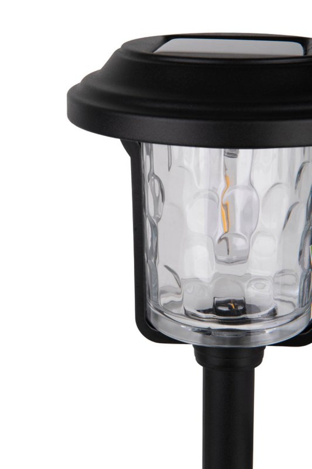 Solar-deco-earth spit "Simon" 54.7 cm high, made of black metal and structured glass, integrated LED, warm white.