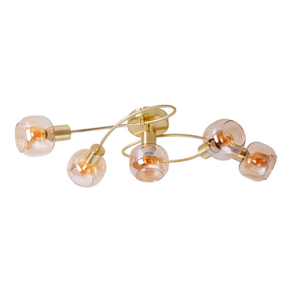 5er Spot/Deckenleuchte "LIBBY" Messing, klassische Deckenlampe aus messingfarbenem Metall und getöntem Glas in Amber, mit E14-Fassung, für Esszimmer, Wohnzimmer, Diele oder Büro, 65,5 cm lang