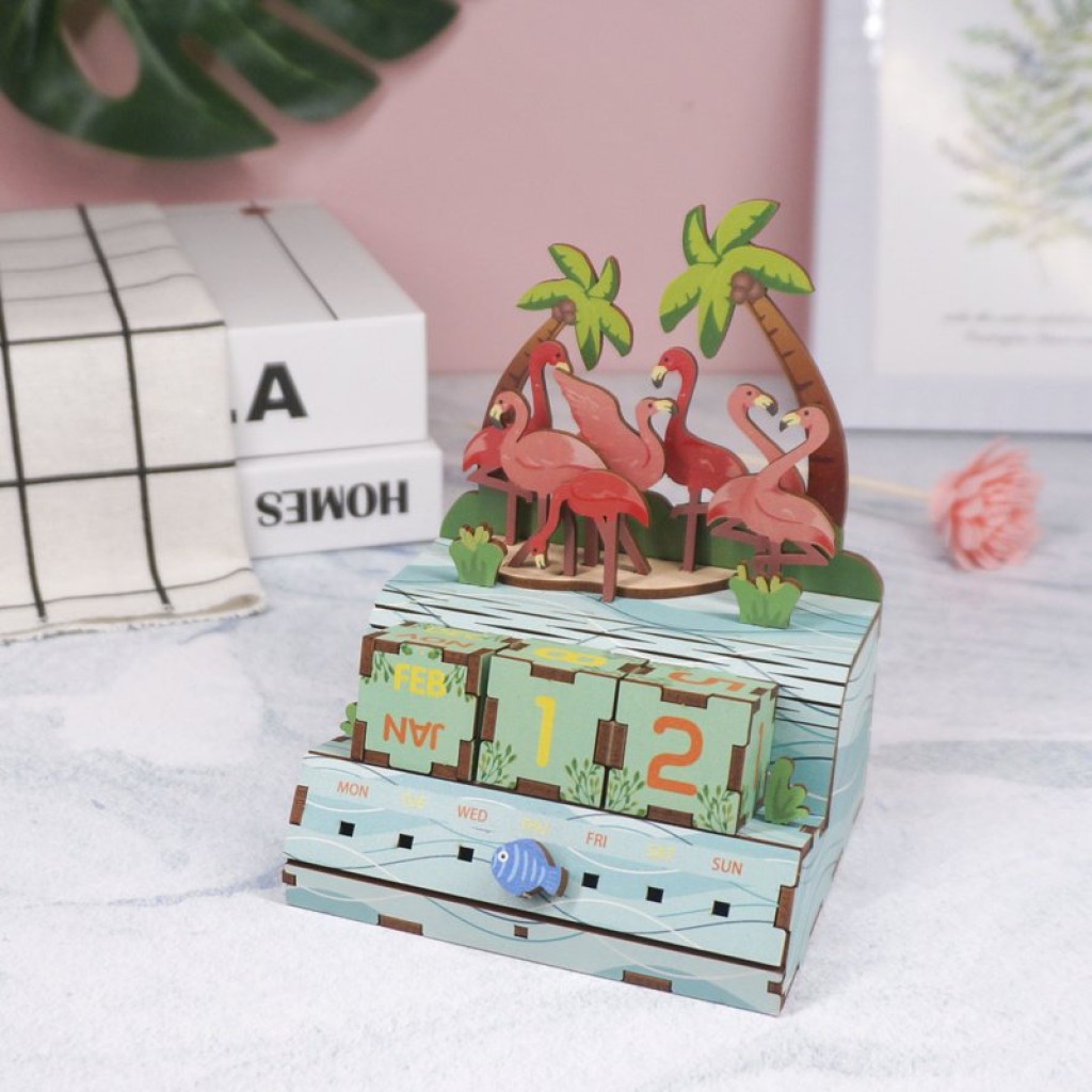 DIY Houten Puzzel Kalender, Pink Flamingos, Tone-Cheer, TQ001, 10,4x8,9x13,5cm