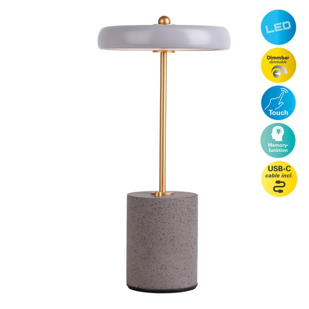 Akku Tischleuchte "SETA" grau 30 cm hoch aus Metall und Beton, mit fest verbauter LED