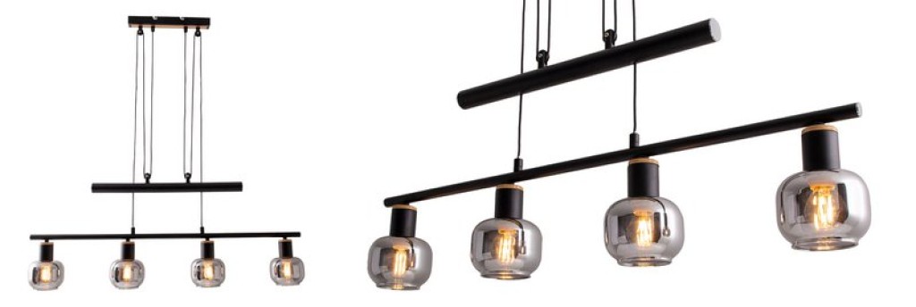 4 pendant lamp "fumoso", pendant lamp height adjustable made of metal and smoke glass in black, with E14 socket, for dining room, living room, hallway or office, 78 x 10 cm