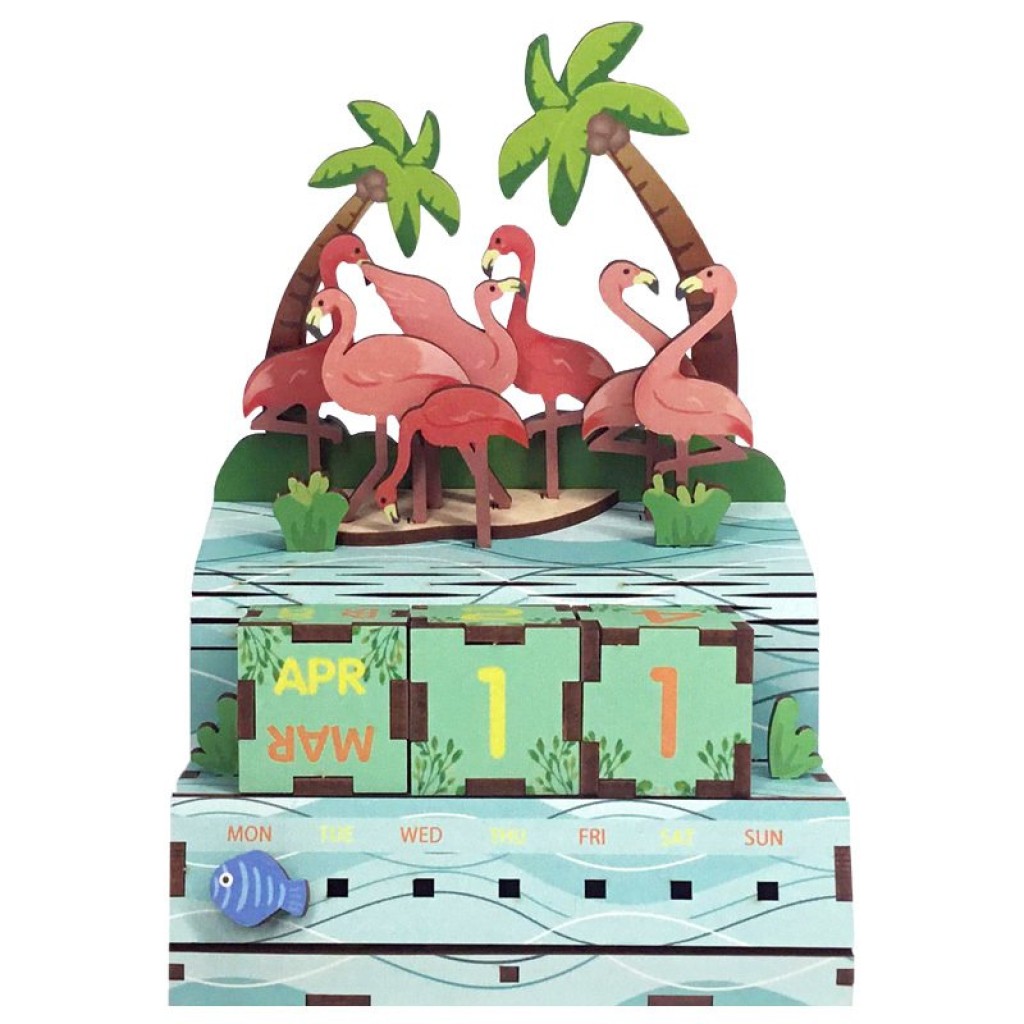 DIY Houten Puzzel Kalender, Pink Flamingos, Tone-Cheer, TQ001, 10,4x8,9x13,5cm