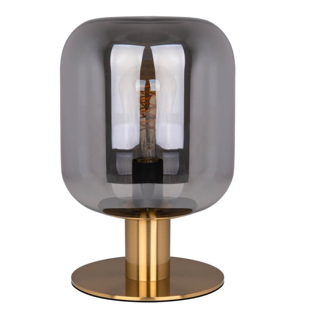 Glass table light "Alessio", 30 cm high, Ø 20 cm, gold-colored metal, smoke glass, E14