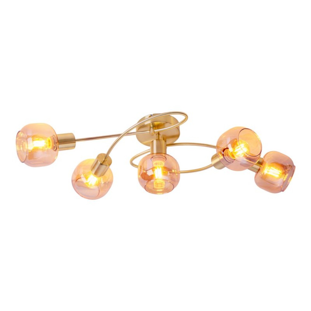 5er Spot/Deckenleuchte "LIBBY" Messing, klassische Deckenlampe aus messingfarbenem Metall und getöntem Glas in Amber, mit E14-Fassung, für Esszimmer, Wohnzimmer, Diele oder Büro, 65,5 cm lang