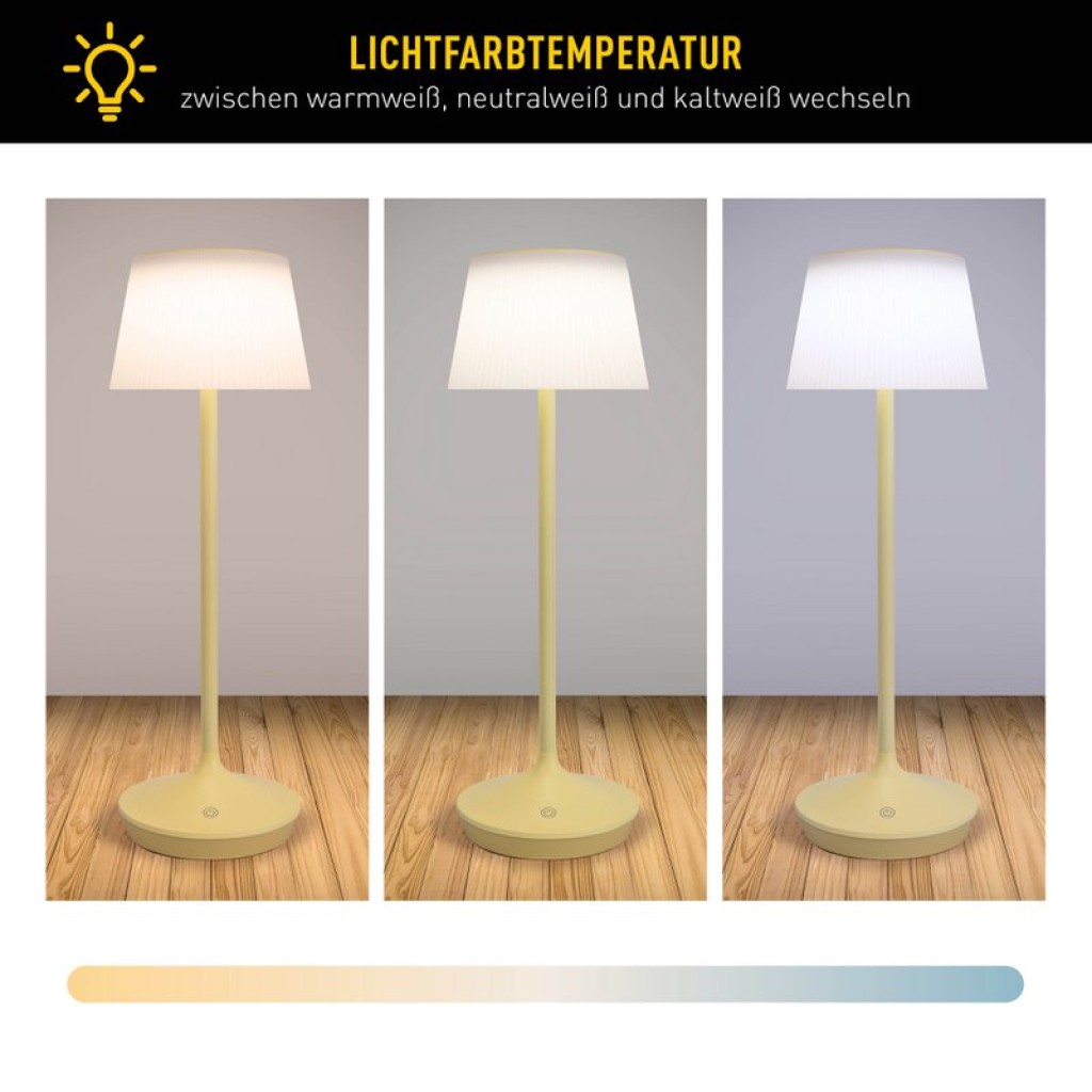Solar battery lamp "Emmi" 38 cm high, umbrella Ø 13 cm, metal in yellow and white plastic, for the outdoor area, dimmable CCT.