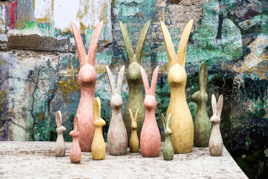 Remy Green Cement Rabbit Shaped Statue Ears Up M
