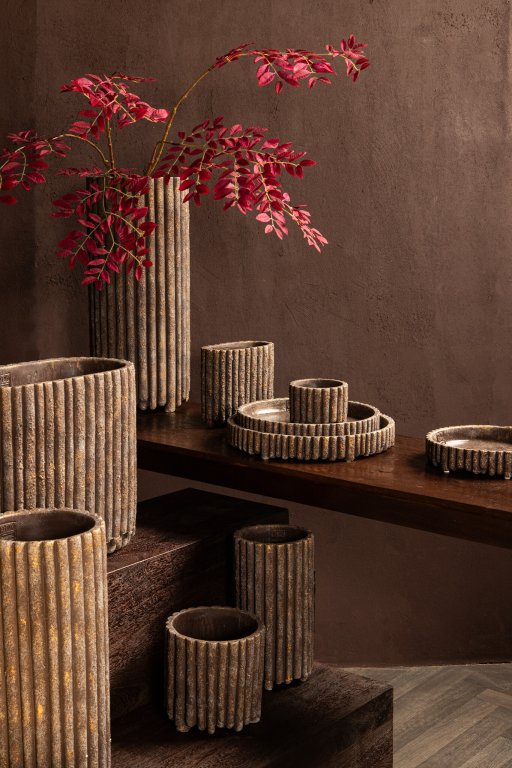 Morganne Brown Round Cement Pot Ribbed High M