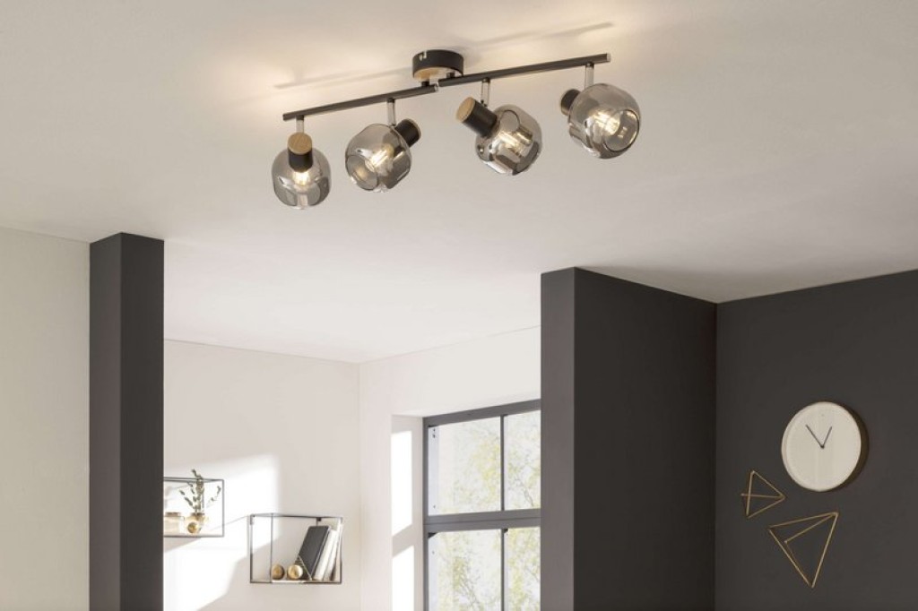 4er Spot Deckenleuchte "FUMOSO", Deckenlampe aus Metall und Rauchglas in Schwarz,, mit E14-Fassung, für Esszimmer, Wohnzimmer, Diele oder Büro, 80 x 20 cm