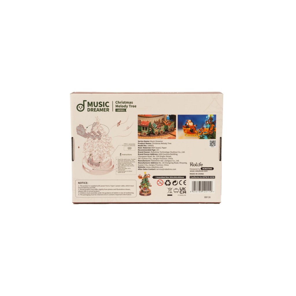 Robotime, Muziekdoos Hout DIY 3D Puzzel Christmas Melody Tree, AMS01, 30x30x40cm