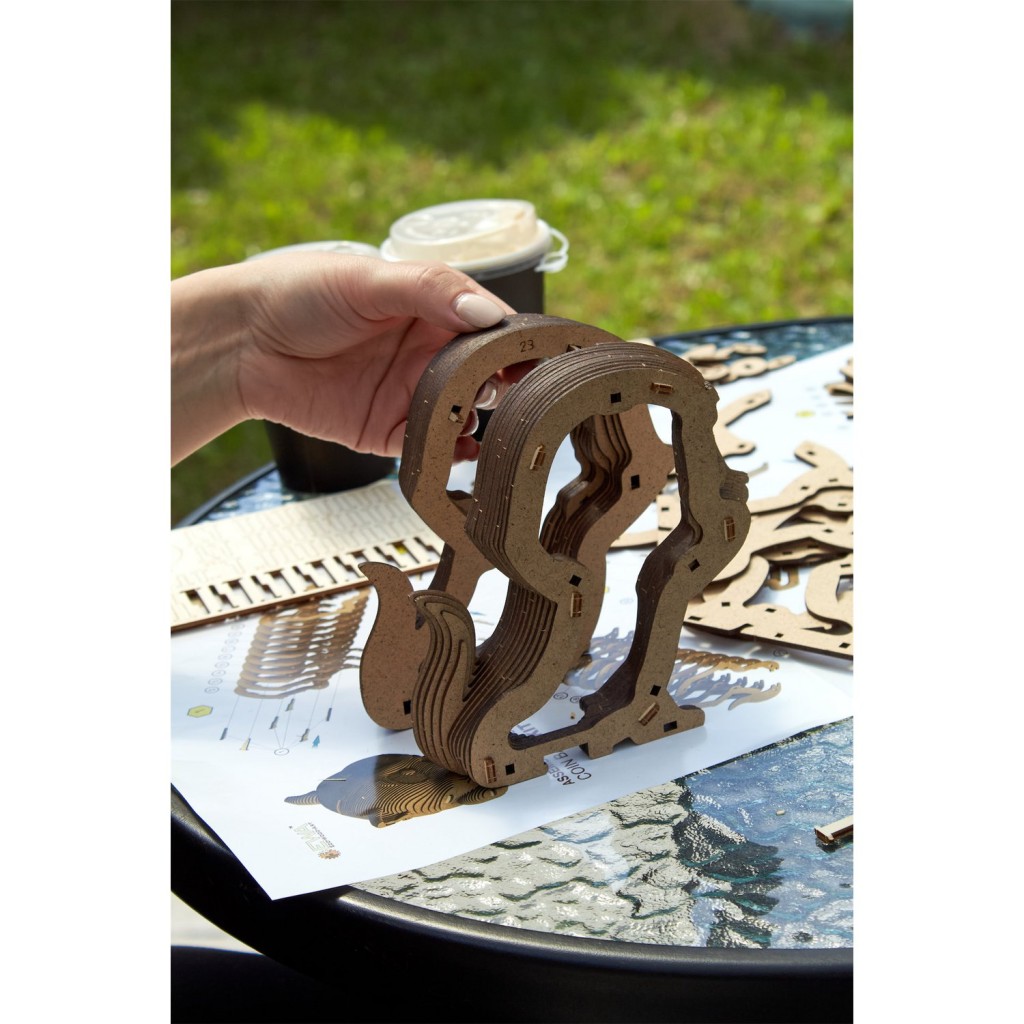 Eco Wood Art (EWA) 3D Houten Bouwset Spaarpot Kat/Cat, 3793, 13,6x12,7x14,1cm