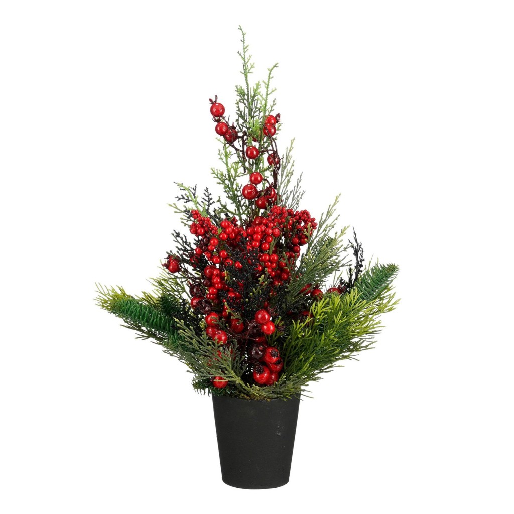 Ceder Kunstkerstboom in Pot - H45 x Ø18 cm - Rood, Groen