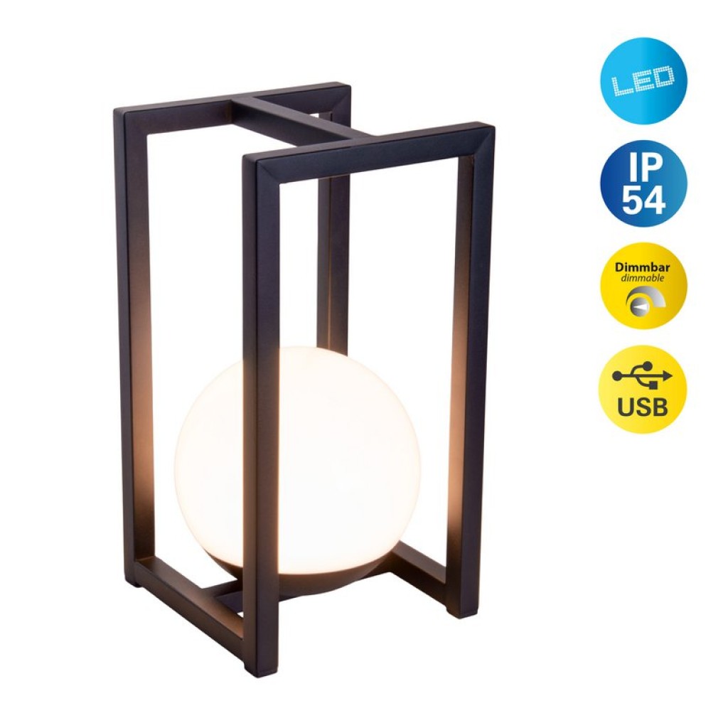 LED Dekoleuchte KALI für Balkon und Terrasse, Deko Tischlampe aus Metall und Kunststoff in Schwarz,, fest verbaute LEDs, 30 x 16 x16 cm