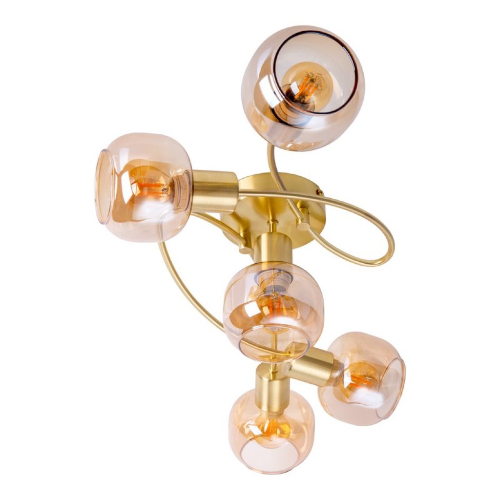 5er Spot/Deckenleuchte "LIBBY" Messing, klassische Deckenlampe aus messingfarbenem Metall und getöntem Glas in Amber, mit E14-Fassung, für Esszimmer, Wohnzimmer, Diele oder Büro, 65,5 cm lang