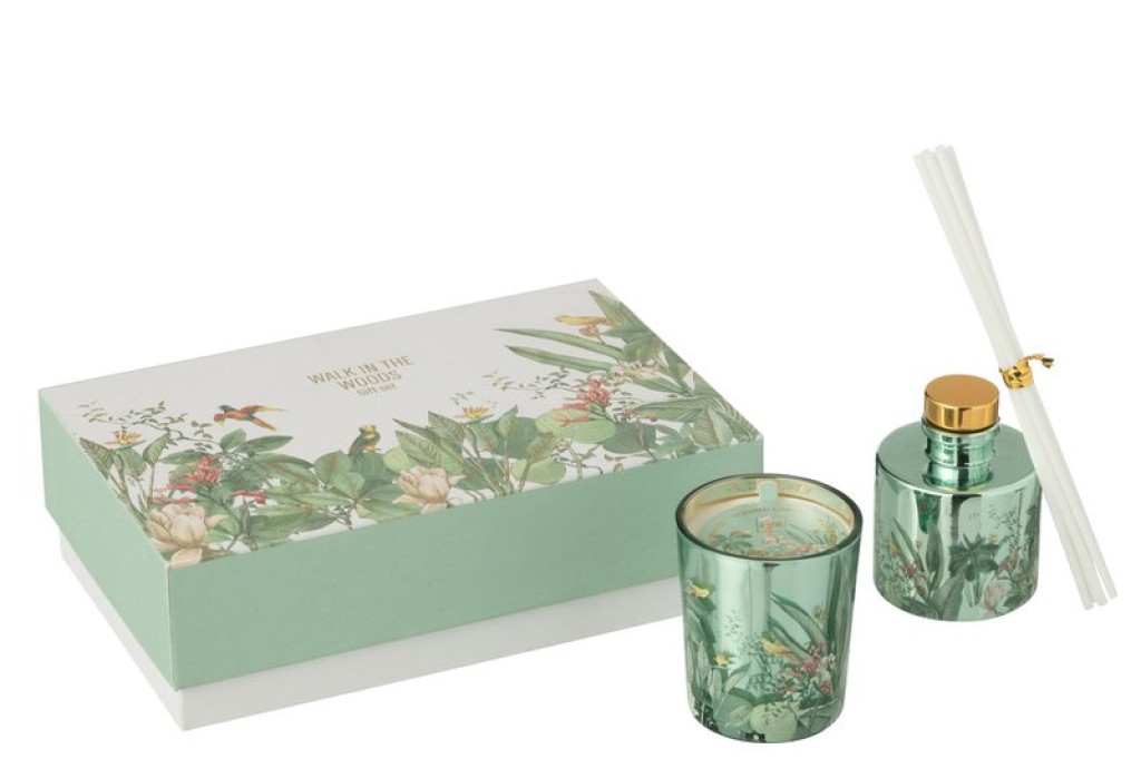 J-Line Geschenkset Geurkaars+Geurolie Walk In The Woods Groen
