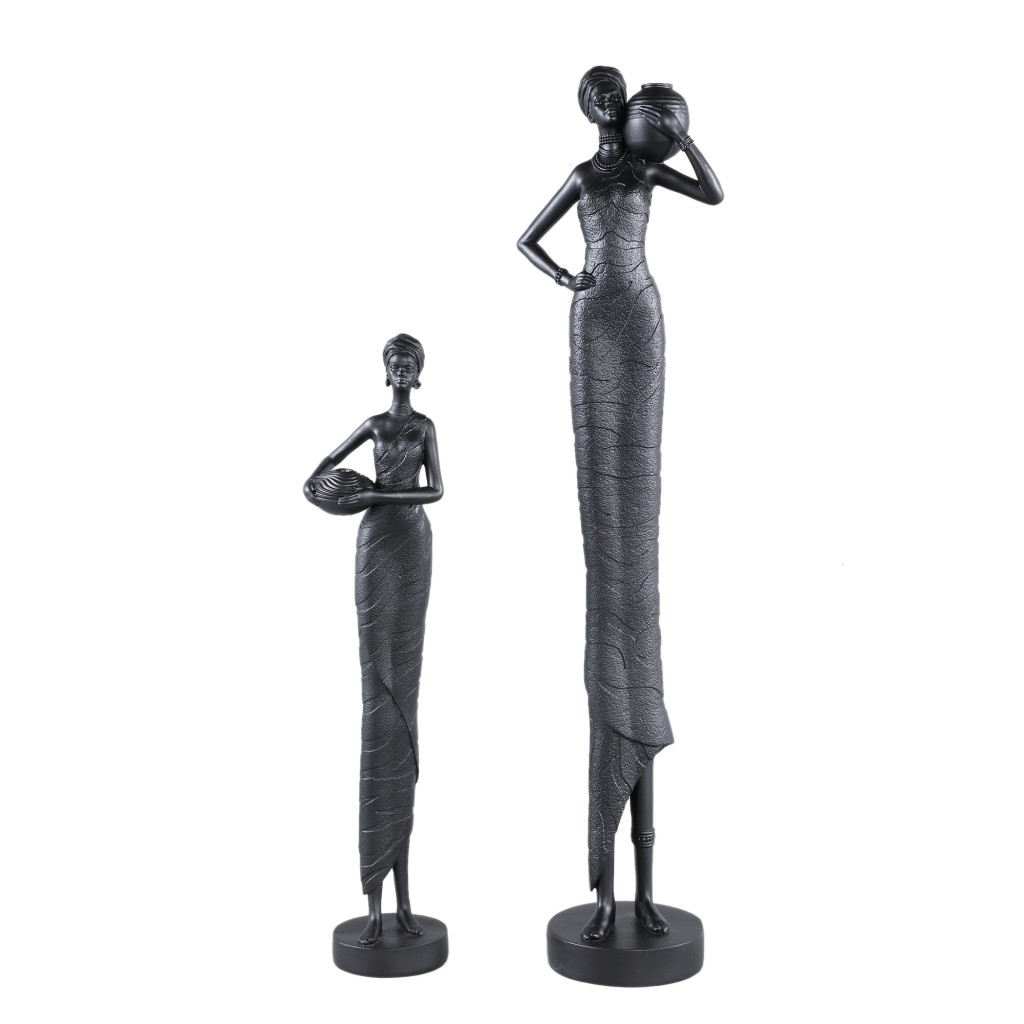 Rafah Black Poly Woman Statue Holding Pot Low