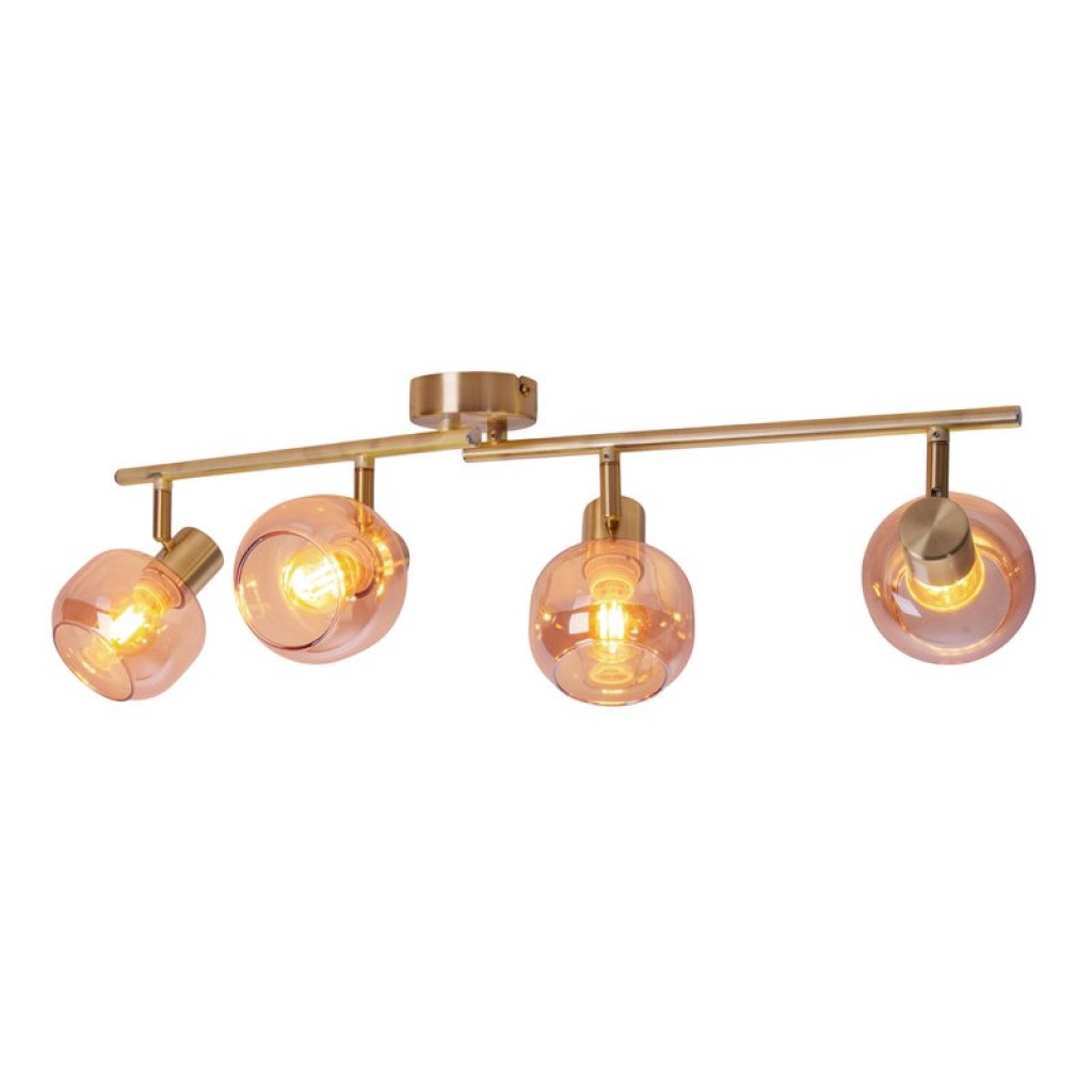4er Spot/Deckenleuchte "LIBBY", klassische Deckenlampe aus messingfarbenem Metall und getöntem Glas in Amber, mit E14-Fassung, für Esszimmer, Wohnzimmer, Diele oder Büro, 80 cm lang