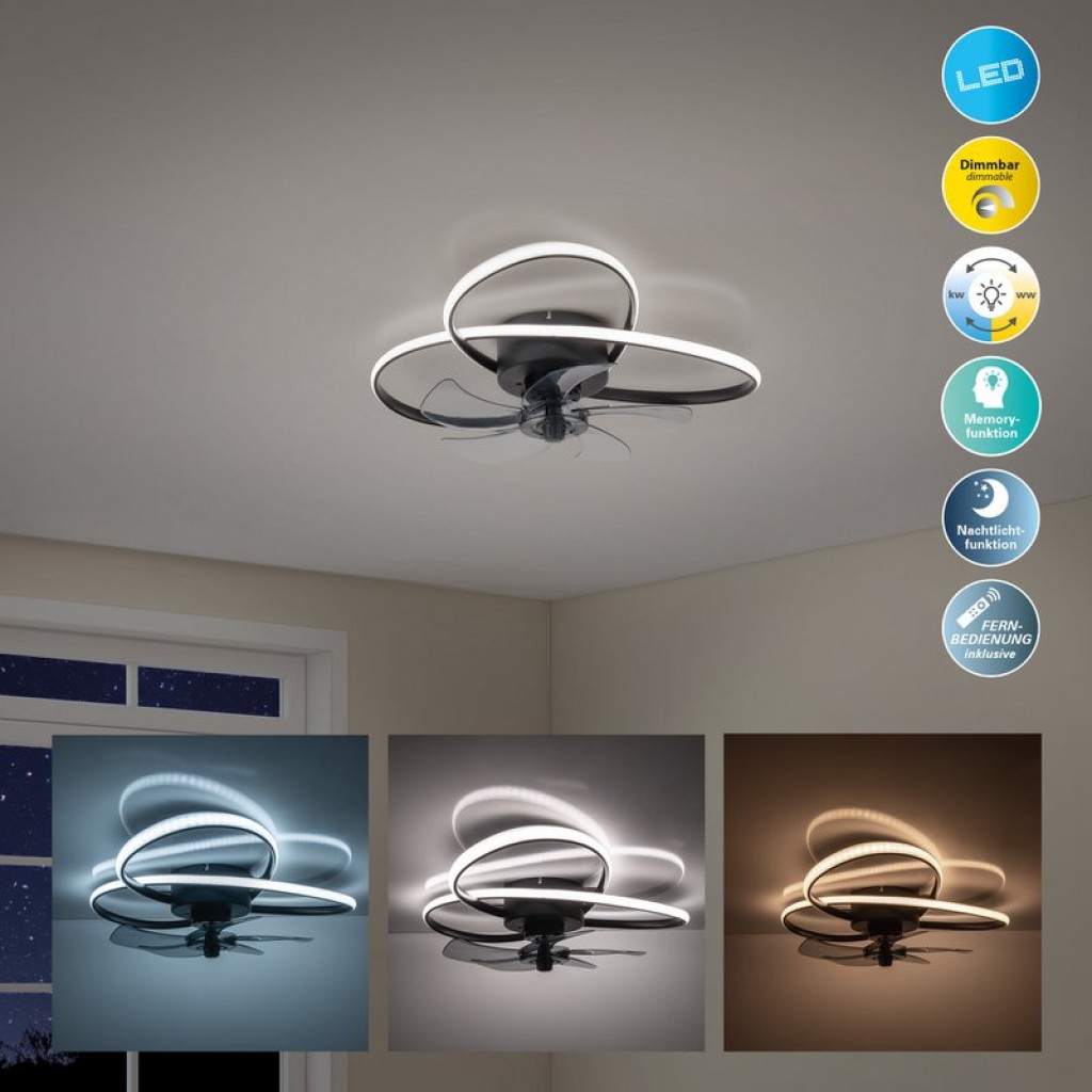Die moderne LED Deckenleuchte "LECCIO" inklusive Ventilator, Nachtlichtfunktion, Dimmung und Lichttemperatureinstellung ist mit fest verbauten LEDs bestückt und hat einen ungefähren Øvon 58 cm.