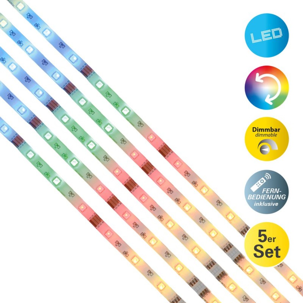 5x 1m RGB LED stripe, with color change, dimmable, including infrared remote control