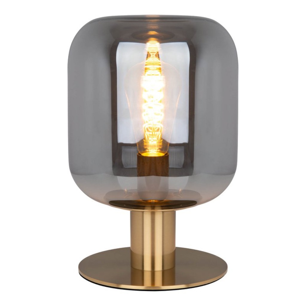 Glass table light "Alessio", 30 cm high, Ø 20 cm, gold-colored metal, smoke glass, E14