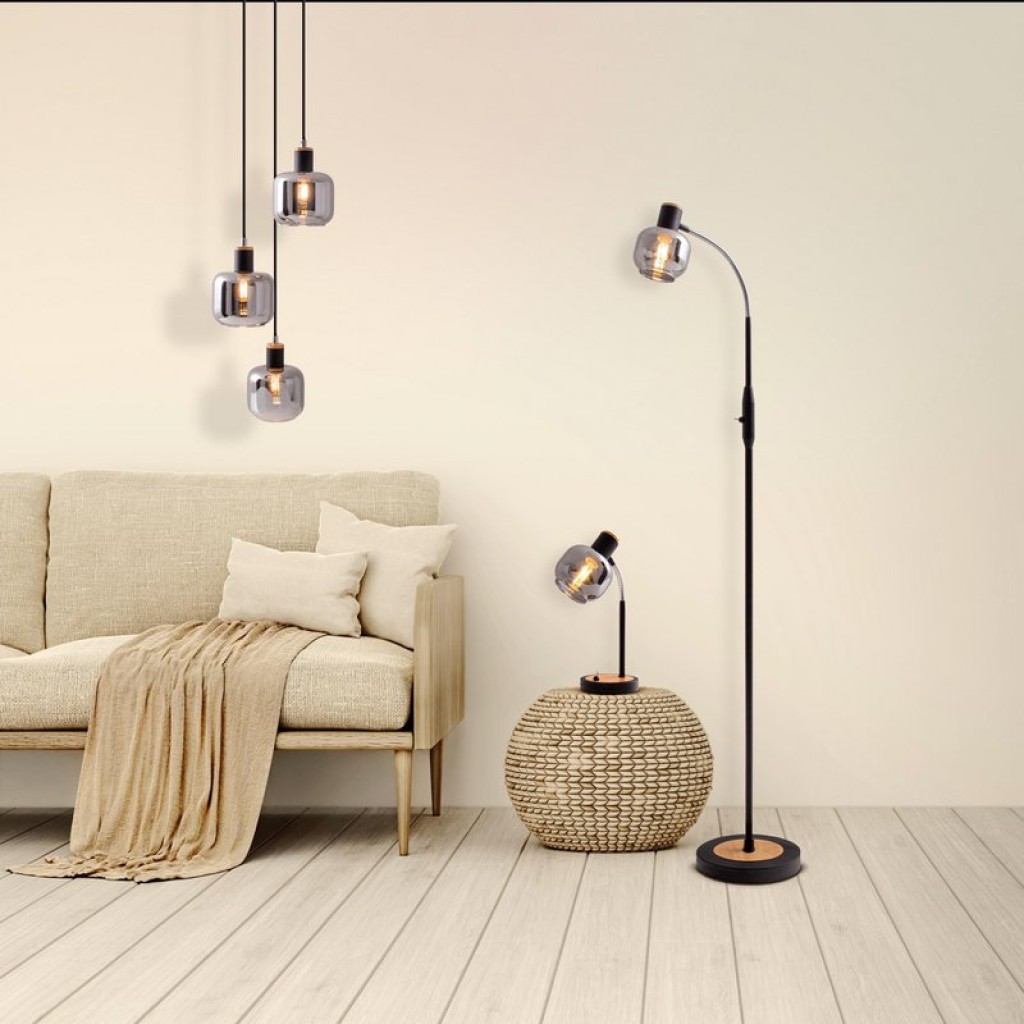 Table lamp "Fumoso", table lamp made of metal and glass in black, with E14 socket, for dining room, living room, hallway or office, table lamp 34 cm high