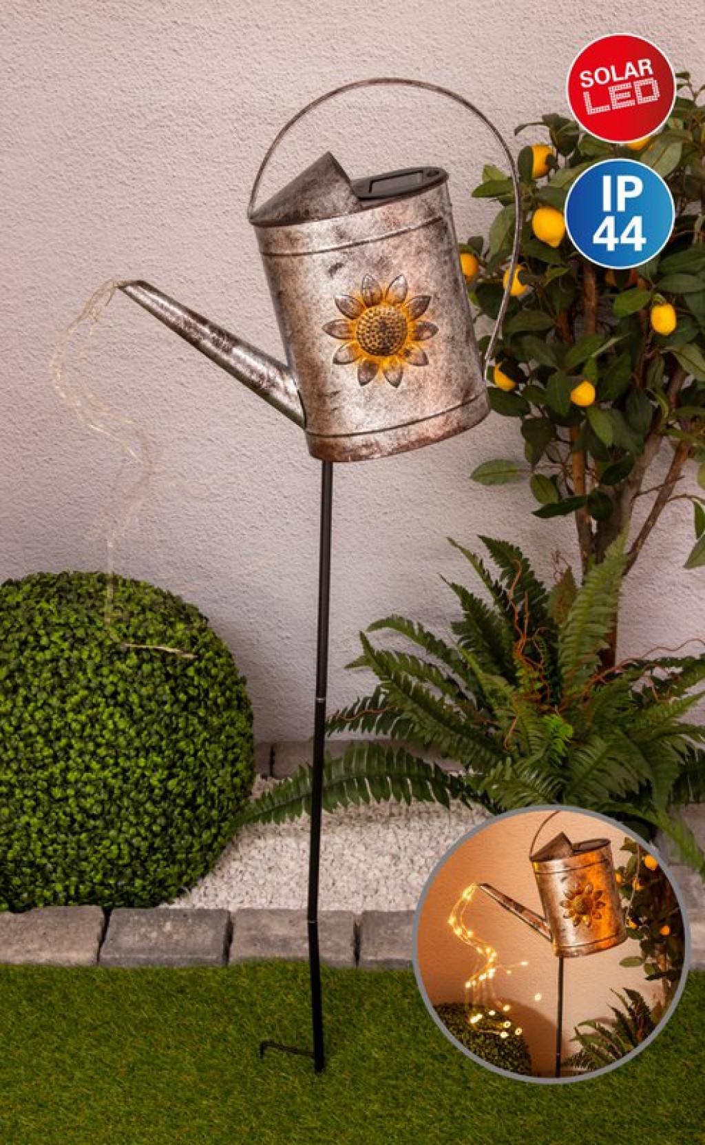 LED solar earth skewer (watering can) h: 110cm galvanized, for outside, ground skewer made of metal and plastic in silver, with integrated LED