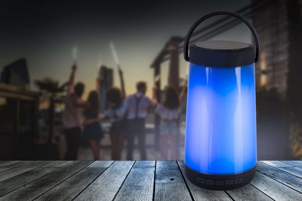 LED table light with BT speaker "Festa" for outdoor area made of black plastic with integrated LEDs, 18 cm high