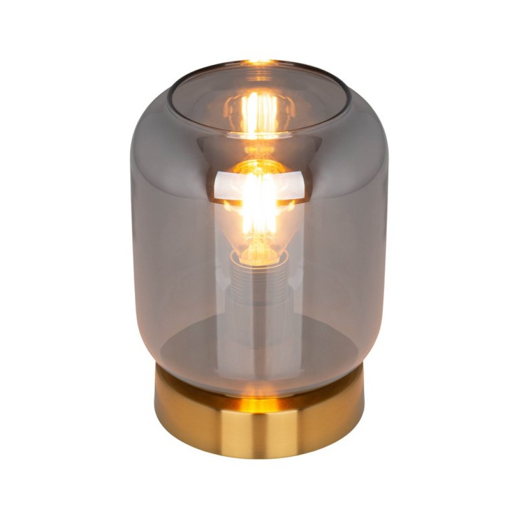 Glass table light "Alessio", 17 cm high, Ø 12 cm, gold-colored metal, smoke glass, E14
