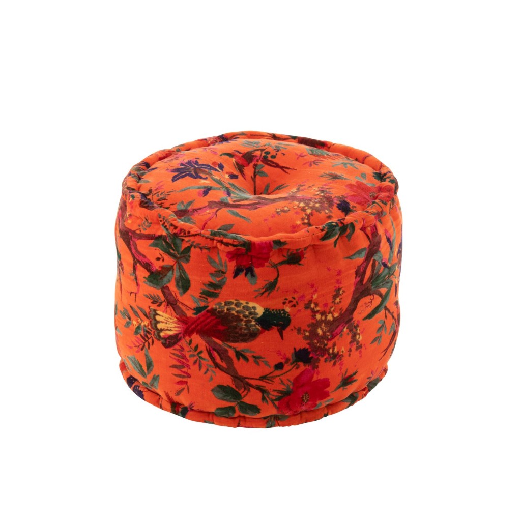 J-Line Poef Rond Vogels/Bloemen Katoenfluweel Oranje