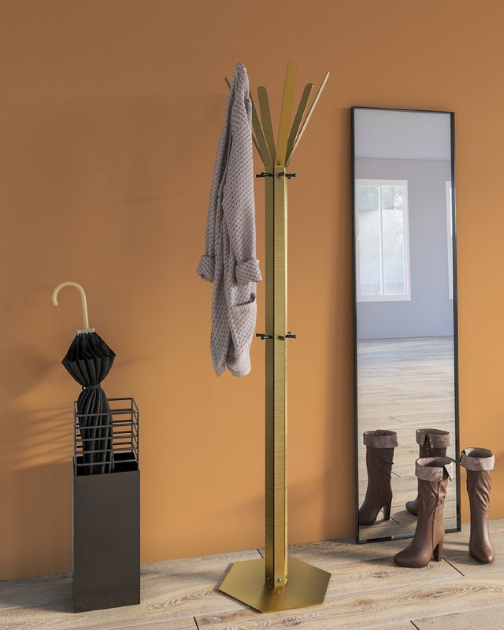 Gorillz Molto - Industrial - Standing Coat Rack - 14 Coat Hooks - Yellow