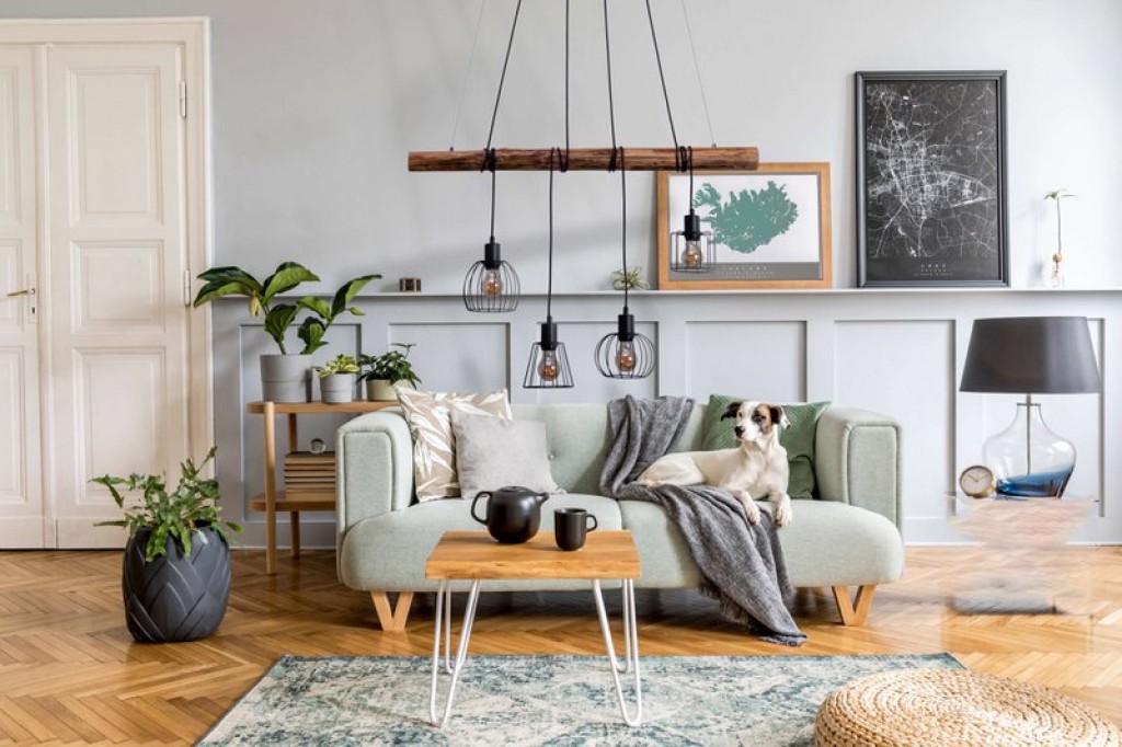 4 pendant lamp "Woodland", hanging lamp, metal and wood in black, and natural E27 socket, for dining room, living room, hallway or office, 100 cm long