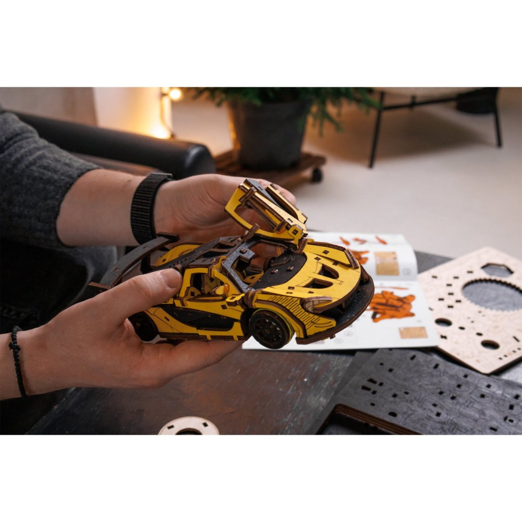 Eco Wood Art, (EWA) DIY 3D Mechanical Model Racing Car Yelow, 4042, 21x9,5x5,7cm