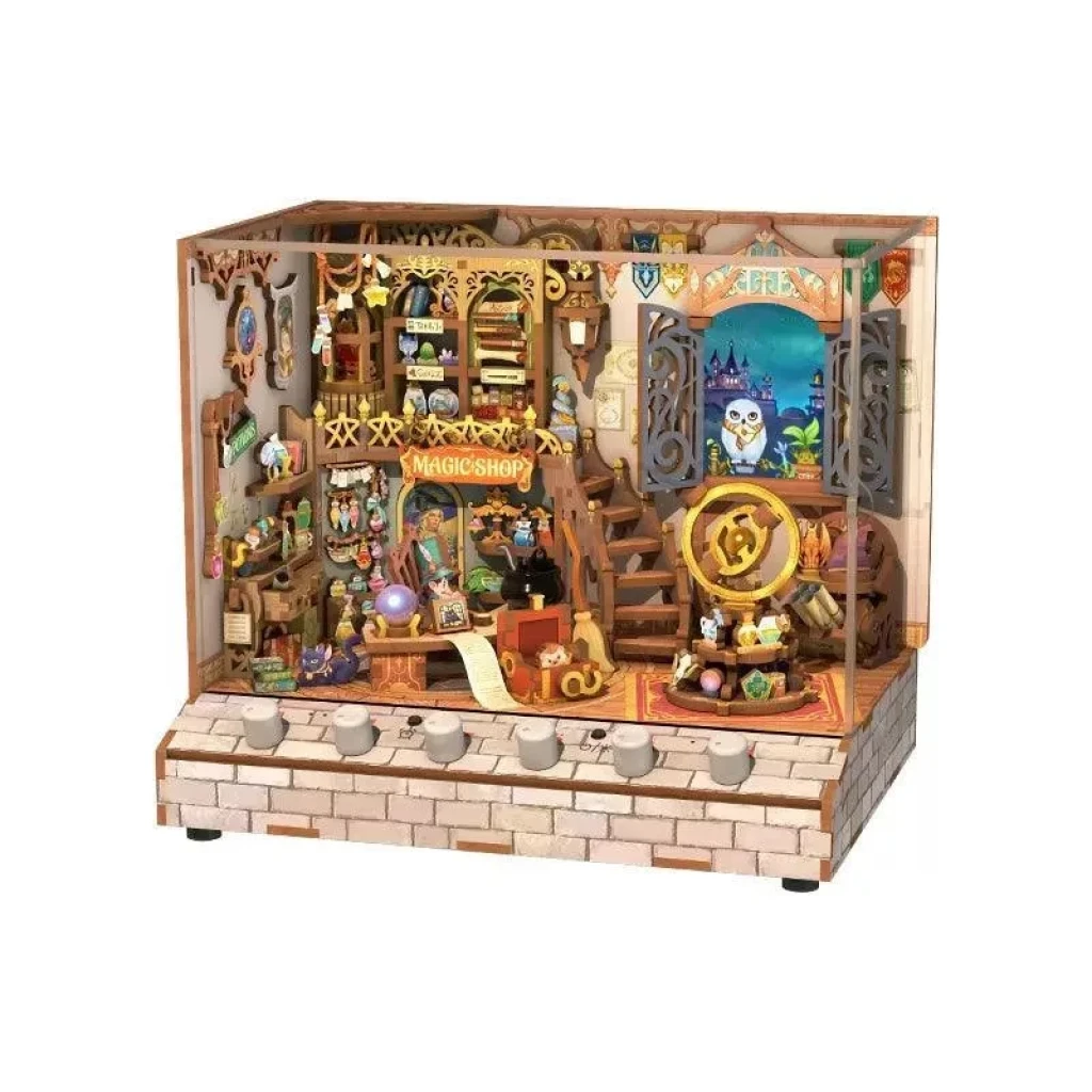Tonecheer, DIY 3D Houten Puzzel met 6 verschillende geluidseffecten en stofkap, Miniature House Magic Shop, TQ403, 18x14,5x15,4cm